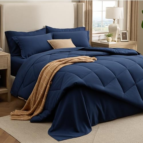 Bedsure 7 Pieces Queen Comforter Set Premium Series, Hotel Luxury Soft Bed in a Bag, Goose Down Alternative, Safe for Sensitive Skin Bedding Comforter All Season Medium Warmth, Navy Blue Queen Size