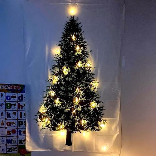 KuSONG Tapiz de árbol de Navidad, decoración de pared de Navidad, tapices de pared de arte para fotografía, manta, decoración de festival con cadena de luces de alambre de cobre (Blanco pequeño)
