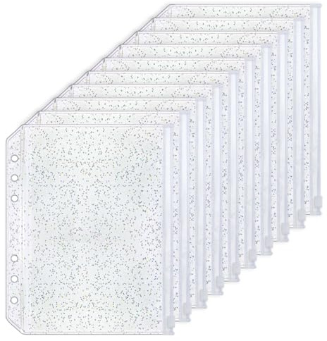 10pcs A5 Cash Stuffing Envelopes Zipper Binder Pockets Clear Glitter PVC 6 Hole Zip Sleeves Loose Leaf Pouches for 6 Ring Binder Planner (A5 5.91 x 8.19)