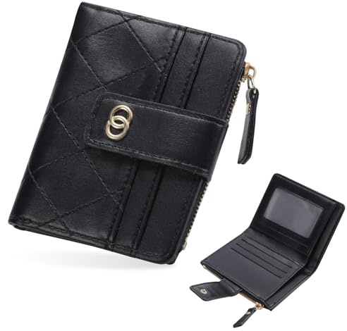 Fjquamitix Small Purses for Women,Ladies Purse Bifold Card Holder Soft Leather Women Wallets with Zipper Coin Pocket and Multiple Card Slots (Black)