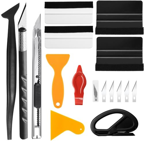 Fourindo 12 Stück Rakel Set für Folie, Folierungs Werkzeug Set mit Cutter, Messer mit 5 Klingen, Kunststoff-Rakel, Abziehklinge und Abdeckmesser für Auto Fensterfolie Klebefolie