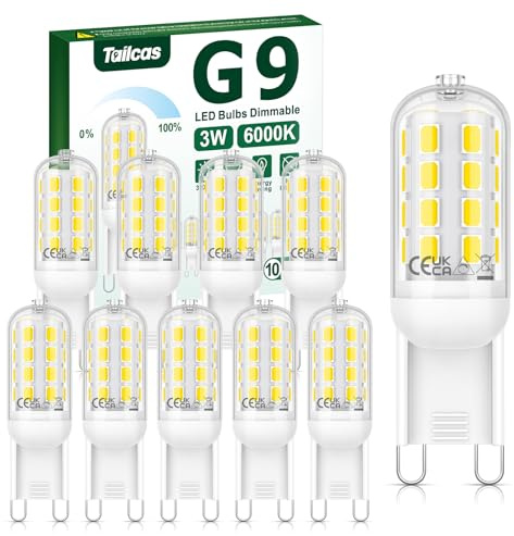 Tailcas G9 LED Bulbs Dimmable, 3W Cool White G9 Bulbs 320LM 10 Pack | Equivalent to 30W Halogen Bulb, No Flicker AC 220-240V, Energy Saving Light Bulb for Chandelier, Crystal Lamp