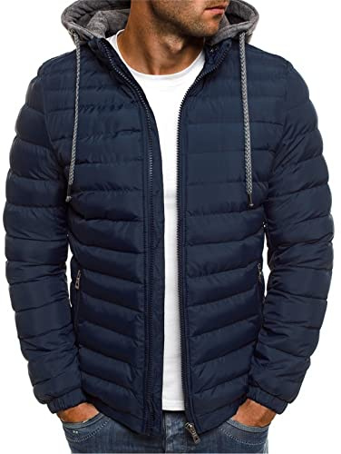 Men's Winter Puffer Jackets with Hood Mens Winter Jacket with Pocket Quilted Padded Puffer Coats Men Full Zipper Solid Colour Coats Thicken Warm Down Coat Outdoor Fashion Windproof Puffy Jacket