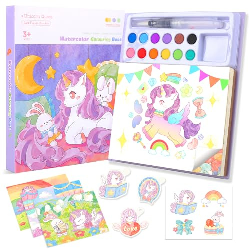 Livre de Coloriage avec Aquarelles, Kit de Peinture 3 en 1 pour Enfants avec 12 Couleurs+3 Types de Coloriage+Pinceau à Eau, Jouet Éducatif pour Les Filles de 3 à 8 ans, Cadeaux pour Filles (Licorne)