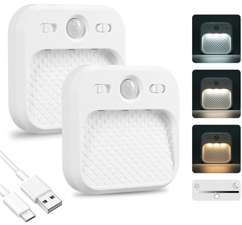 2 stycken LED-nattlampor med rörelsedetektor, skåpbelysning, steglöst justerbar intensitet med timerfunktion och magnetisk design, 3 färgtemperaturer, nattlampa recha