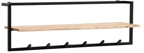FineBuy Wandgarderobe 100x25x32 cm Akazie Massivholz Baumkante | Garderobenleiste Industrial mit Metallrahmen, Ablage und 6 Haken, Garderobe aus Echtholz, handgefertigt