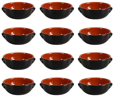 Set 12 Tegamini Terracotta Bicolore 13cm - Ciotole Ceramica con Manici Nero Marrone - Altezza 4.5cm Tapas Antipasti Contorni Primi - Artigianali - Ebook Omaggio