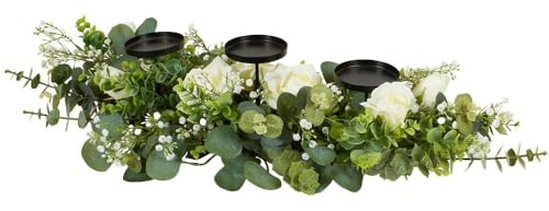 wilko Floral Triple Centrepiece Candle Holder, 16.5 x 77 x 36cm, Wedding and Table Decor, Faux Foliage with White Flowers