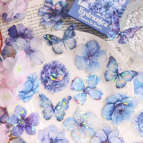 60 Stück Blumen Scrapbooking Aufkleber, 30 Designs Wasserfeste Blumen Aufkleber, Transparente Blumenaufkleber, Blumensticker Für Journale, Handwerk, Postkarten, Wasserflaschen, Alben Usw, Blau