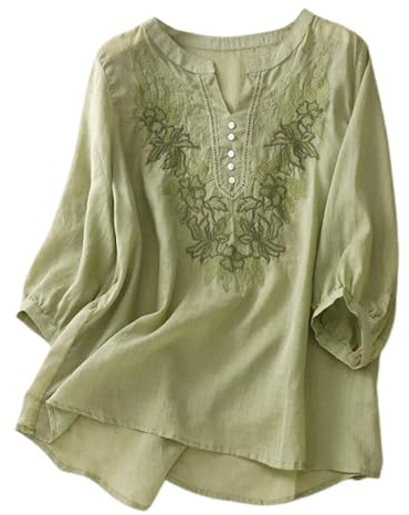 Tunique en lin de style bohème pour femme - Grande taille - Motif floral brodé - 2026 - Chemisier indien à volants sur le devant pour femmes âgées - Style décontracté - Gaze d'été - Dentelle