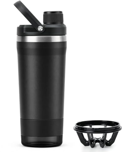 Protein Shaker Edelstahl 700ml, Eiweißshaker Doppelwandig mit Pulverfach | Premium Edelstahl Shaker mit Sieb für eisgekühlte Proteinshakes, Auslaufsicherer, BPA-Frei, für Gym, Sport, Schwarz