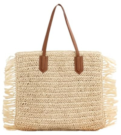 Stråväska Kvinnors Sommarhalmhinkvävd Handväska Med Tofs, Stor Kapacitet, Axelväska För Kvinnor(Beige)