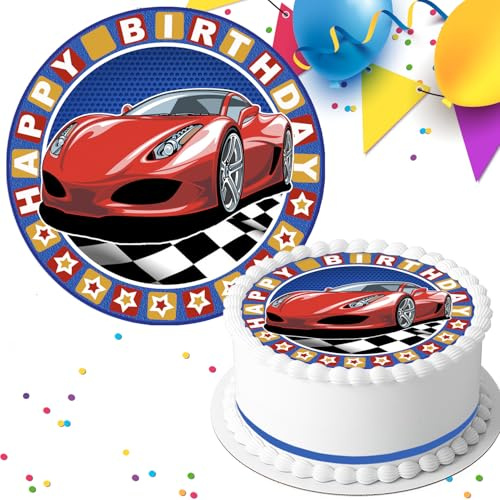 RED SPORTS CAR BIRTHDAY PARTY PRE-CUT 7.5 INCH EDIBLE ICING CAKE TOPPER DECORATION