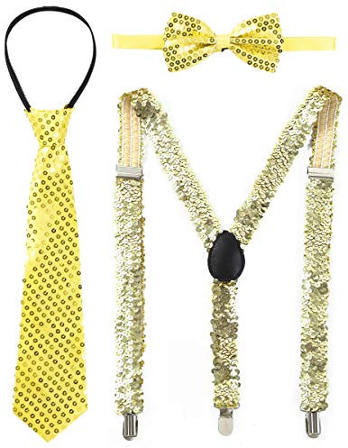 iiniim Damen Hosenträger mit 3-Clips Y-Form Pailletten Hosenträger mit Fliege Zubehör Set für Cosplay Party Halloween Fasching Karneval Festzug Gold B Einheitsgröße
