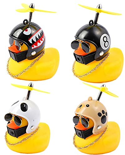 YGMXZL 4 Stücke Gelbe Gummiente Spielzeug Auto Ornamente Gelb Ente Auto Armaturenbrett Dekorationen mit Propeller Helm,Coole Ente mit Propeller/Helm/Sonnenbrille/Goldkette (E)