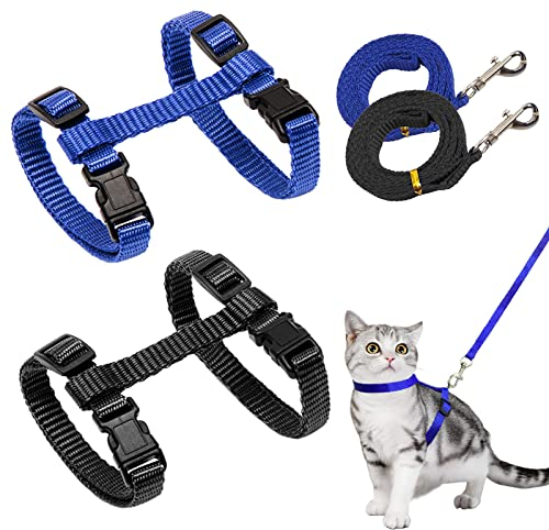 2 Stück Verstellbare Nylon Geschirre Katzenleine, Geschirre Katzenleine Kätzchenhalsband，Blau Weiche Katzengeschirr mit Leine für Kätzchen Welpe Kaninchen Hase