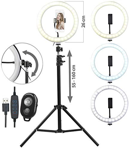 Somikon Ringlicht: Multifunktions-LED-Stativleuchte mit verstellbarem Winkel, Ø 25 cm (Smartphone Stativ, Stativ Handy, Tablet Halter)