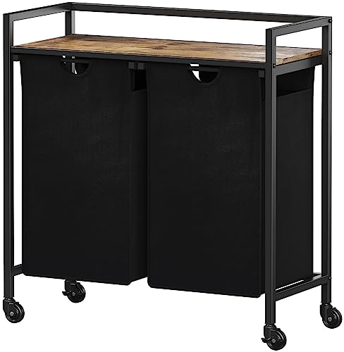 Lifewit Wäschekorb 2 Fächer mit Rollen, 95L/47,5x2L Wäschewagen mit Ablage, Laundry Baskets mit herausziehbaren Säcken, Schmutzwäschebehälter für Waschküche, Schlafzimmer, 76x33,5x78cm, Schwarz