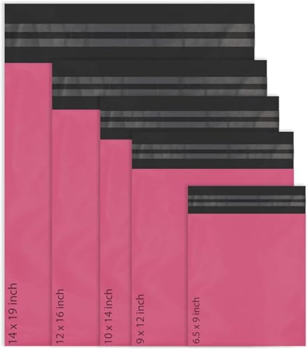 50 gemischte Versandtaschen aus Poly-Selbstverschluss, 5 Größen, je 10 Stück, Red Ember, kleine bis große Versandtaschen, Versandverpackungen (Rosa)
