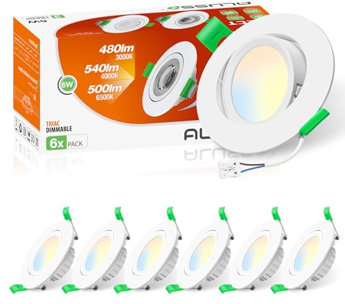 ALUSSO Tilt LED Downlights Dimmable 6W, 540lm Ultra Slim Spotlights 75-78mm, 3CCT Tilt Recessed Lights Warm White 3000K Natural White 4000K Cool White 6500K for Kitchen Living Room, White