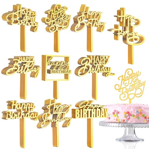 150 Pcs Happy Birthday Cake Toppers Acrylic Cake Topper Glitter Birthday Cake Decorations Double Sided for Adults Various Cake Decoration Party Supplies(Gold,Brief)