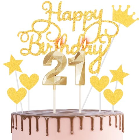 HONGCI Gold 21st Birthday Cake Topper & Candles - 21st Birthday Decorations for Girls & Boys - Modern Style - 2 Counts