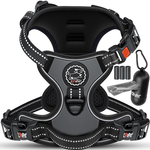 LOVPET® Hundegeschirr ohne Zug & Würgen für kleine Hunde & Welpen atmungsaktiv & weich Brustgeschirr reflektierend | No-Pull-Geschirr inkl.Beutelrollen | Verstellbares Geschirr mit Griff Kariert-XL