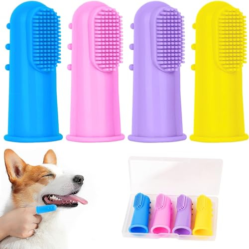 Adiwo Hundezahnbürste Fingerling,4 Stück Hundezahnbürste Wiederverwendbar Lebensmittelechtem Silikon Hunde Zahnbürste 360° voll Umschlungene Borsten für Erwachsener Finger Mit Großen Aufbewahrungsbox