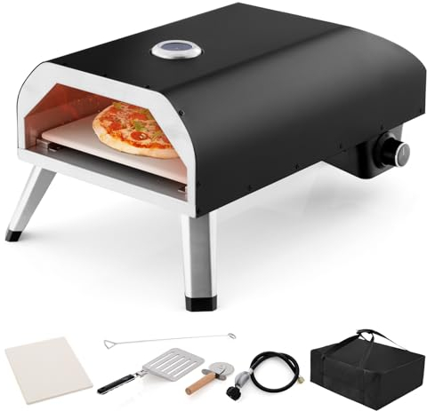 TANGZON 4000W Gas Pizza Oven, Outdoor Foldable Pizza Maker with Gas Hose, Pizza Peel, Pizza Stone, Pizza Cutter & Carry Bag, Portable Stainless Steel Tabletop Pizza Cooker for Camping BBQ Picnic