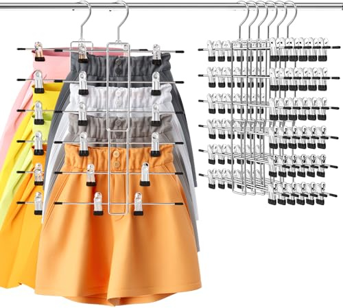 6 Pack Pants & Skirt Hangers Space Saving Hanging Closet Organizer and Storage, Upgrade Skirt Hangers with Clips and 360° Swivel Hook, Closet Storage