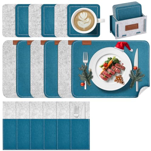 Witnewrage Tischsets Filz, Platzsets Abwaschbar, Doppelseitigen Platzdeckchen, 19er Set: 6 Platzsets, 6 Untersetzer, 6 Bestecktasche, 1 Filzbox - Retrogrün Hellgrau