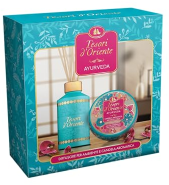 Tesori d'Oriente - Set Regalo, Profumatore per Ambienti con Bastoncini 200 ml e Candela Profumata Piccola 109 gr, Fragranza Ayurveda, Confezione Regalo