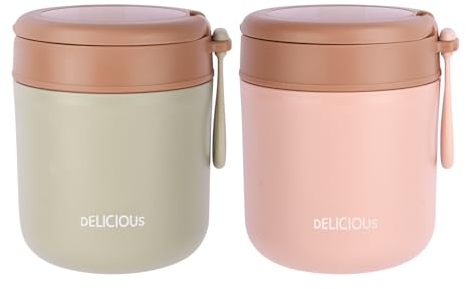 Nivofu 2 X Insulated Food Flask with Foldable Spoon, 430ml Vacuum Insulated Food Container, Thermal Lunch Box for Hot Food Kids Stainless Steel, Leak Proof Soup Containers, Green&Pink