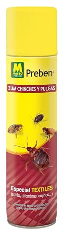 Droquimur Insecticida Preben contra Chinches y pulgas Spray 300 Ml en costuras,grietas,muebles,somieres, marcos de madera,puertas. ESPECIAL TEXTIL sofás,alfombras,cojines,colchones,cortinas (1 unidad)
