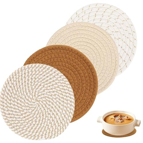 4 Stück Topfuntersetzer Set, Runde Untersetzer Topf Baumwolle Faden Weben Matte,18cm untersetzer Teller, Untersetzer Teekanne, Heißer Topf Halter Topflappen für Küche Schüssel Topf Pfannen,4 Farben