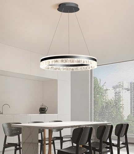 LED Ceiling Pendant Light for Kitchen Island, Dimmable Modern LED Round Chandelier Adjustable Height, Remote Control, Hanging Lighting Fixture for Dining Room, Living Room Lamp (Black, 60cm)