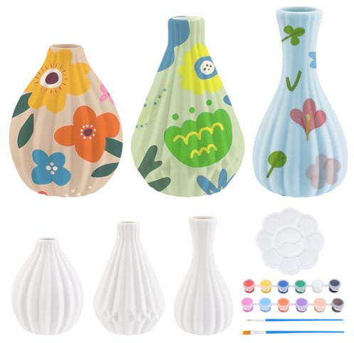 WEBEEDY 3 Set Keramik Vase Malset Weiß Gestreifte Keramik Vases | Moderne Vasen Deko,Bemale Deine Eigene, Anfänger,Erwachsene, Beinhaltet Farben Pinsel Und Anleitung,Halloween Christmas