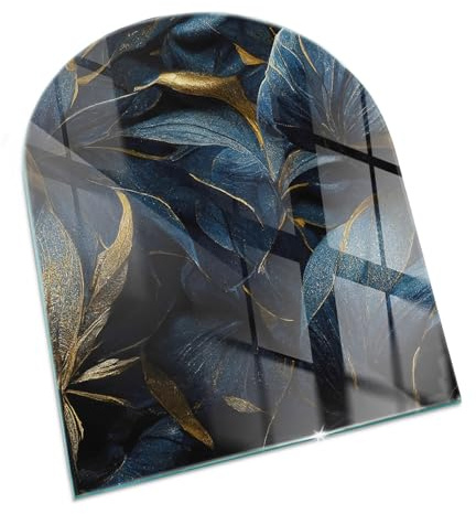 Funkenschutzplatte für Kamin 80x70 cm Glasboden Hitzeschutz Stilvollem Motiv Hartglas Elegantes Design Dekorative Glasbodenplatte Halbrund Schutzplatte - Elegante Blätter in der Textur