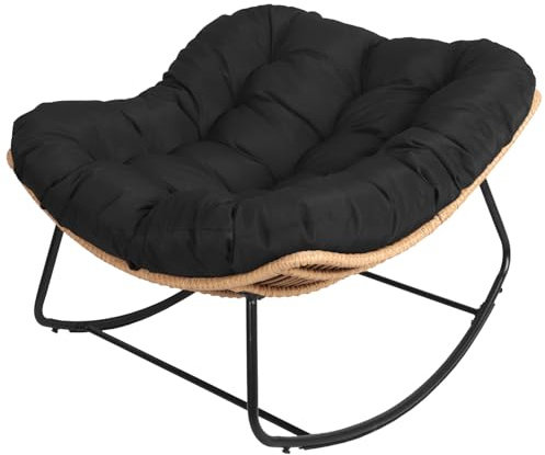 Happy Garden Fauteuil à Bascule Extérieur en Rotin Synthétique avec Coussin Noir - Résistant aux Intempéries - Confortable et Design - Cinta