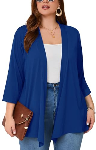 AusLook Women's Plus Size Lightweight Open Front Cardigan Klein Blue 4X Causal 3/4 Sleeve Cover Ups Shrugs Tops Shawls and Wraps Kimono Jacket Coat
