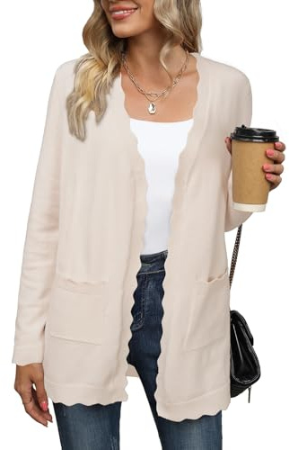 Newshows Cardigans for Women UK Lightweight Ladies Long Sleeve Open Front Scalloped Knitted Elegant Cardigan Beige,L