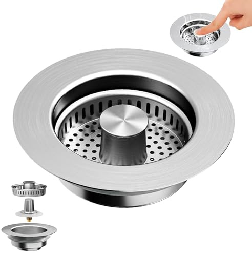 Abflusssieb Küchenspüle,3 In 1 Abflusssieb Pop-Up Edelstahl,Spülbecken Sieb,für Tiefe > 40 mm,Spülbecken Bohrung 75-86mm,Geeignet für Küchenspülen zum Filtern von Essensresten