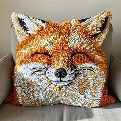 KnüpfKissen Set Erwachsene Kinder mit vordruck Smile Fuchs süßes Tier knüpfteppich zum selber knüpfen Kissenbezug Anfänger DIY Handarbeit Stickerei Sets Handgemachtes Handwerk Sofa Wohnkultur 43x43cm,