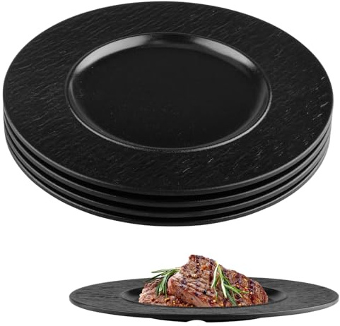 suaywo 4er Set Speiseteller Schwarz, Wiederverwendbar Kuchenteller Schwarz Durchmesser 21.5 cm Essteller aus Melamin Salatteller für Grillabende, Frühstück, Mittagessen, Kaffee und Abendessen