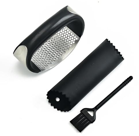 Garlic Press Garlic Crusher Kitchen Garlic Rocker | 3PC 304 Stainless Steel with Silicone Peeler & Cleaning Brush | Easy-Squeeze Ergonomic Handle Rust-Proof Dishwasher Safe | Crush Garlic Ginger Chili