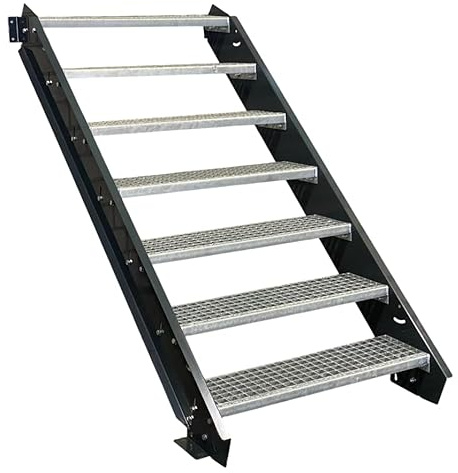 SRM Design 7 Stufen Stahltreppe Breite 60 cm Anthrazit | Geschosshöhe 100 - 140 cm ohne Geländer Wangentreppe Geschosstreppe stabile Industrietreppe Außenbereich feuerverzinkt
