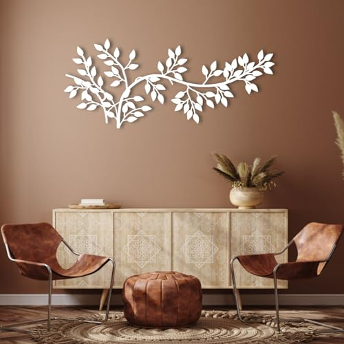 Decorazione da Parete in Metallo Moderna e Minimalista, Foglia - Ramo d'ulivo, edera, Soggiorno, Camera da Letto, Appeso (120x51 cm, Bianco)