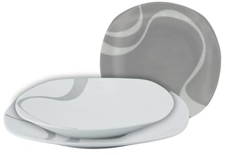 Omniacasa Kyo Grigio – Servizio piatti 18 pezzi in porcellana, 6 piani 25 cm + 6 fondi 23 cm + 6 frutta 19 cm, finitura lucida, stile moderno nordico, lavastoviglie e microonde