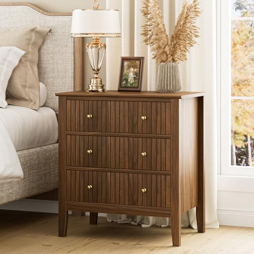 Apetaccat Large Bedside Table Bedroom, 3 Drawer Chest of Drawers, Bedside Cabinet With Metal Handles,for Bedroom Livingroom,Hallway,Château Walnut