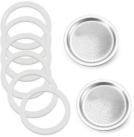 Moka Pot Spare Parts Replacement for Bialetti 9 Cup, Moka Pot 9 Cup Silicone Gasket and Food-grade Aluminum Filter Plate Compatible with Moka Express/Moka Induction/Venus, 6 Pcs Gasket and 2 Plate.